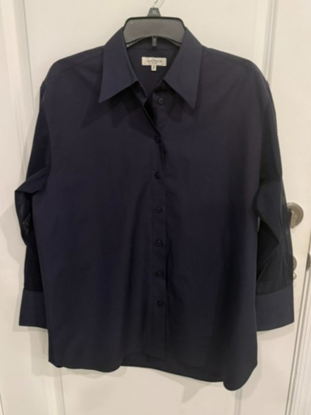Lafayette 148 Navy Blue Button Down with Sheer Sleeves - Picture 1 of 4